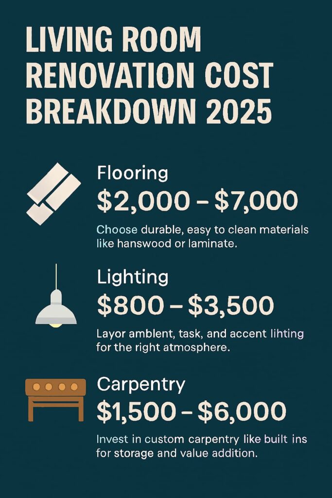Living room renovation cost breakdown 2025 with flooring, lighting and carpentry updates