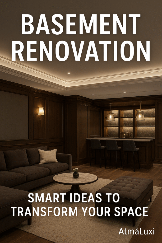Modern basement renovation with cozy lighting, wooden flooring, and minimalist furniture — budget-friendly interior design by AtmáLuxi