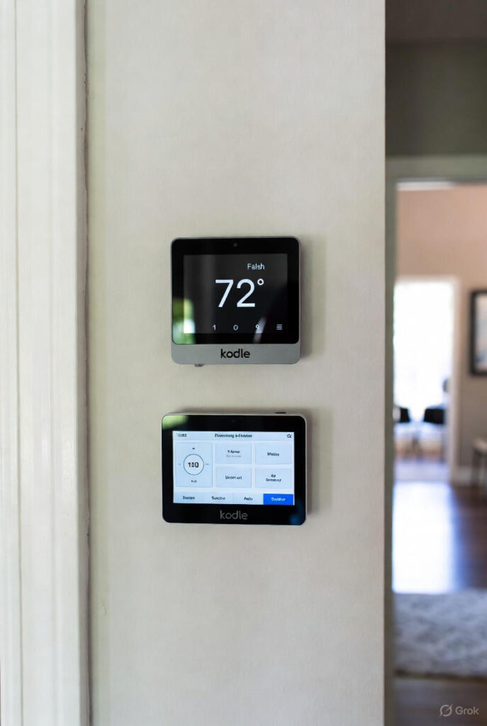 Smart thermostat on a wall showing temperature automation