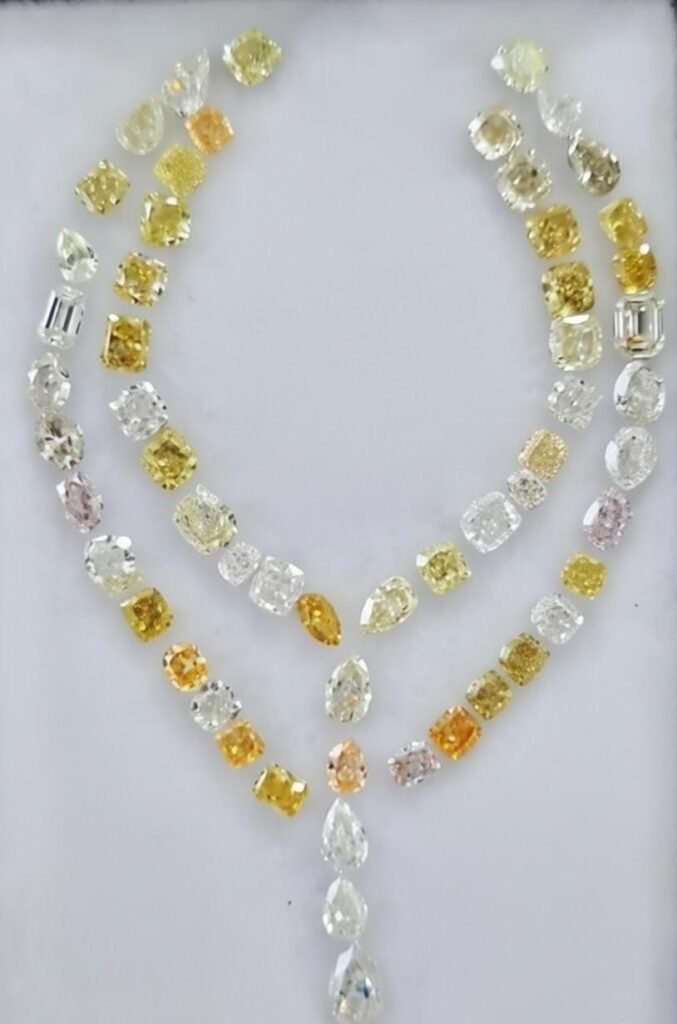 Fancy color diamond necklace with natural yellow, champagne and white diamonds
