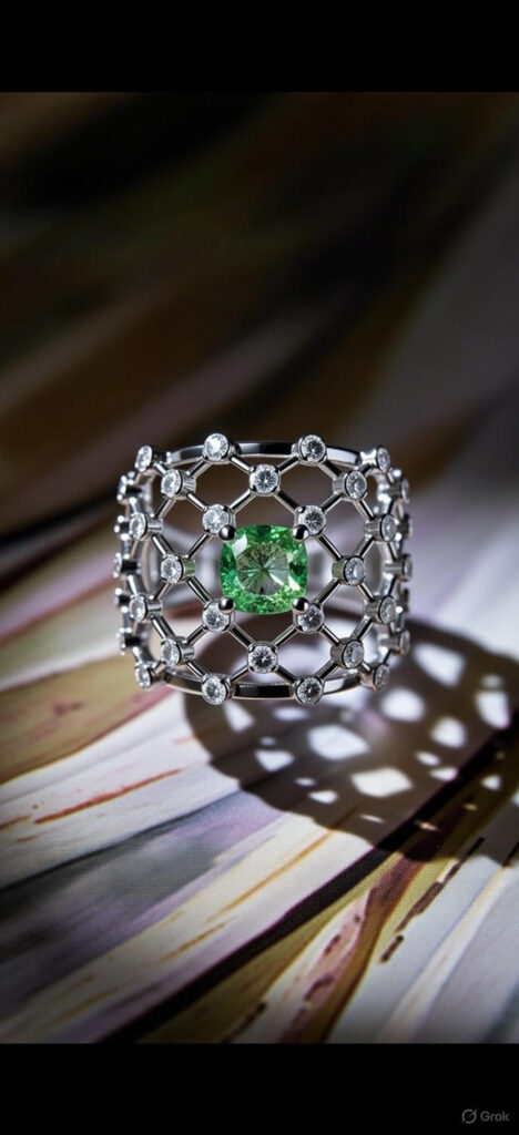 Natural green diamond ring with lattice white gold design on hand