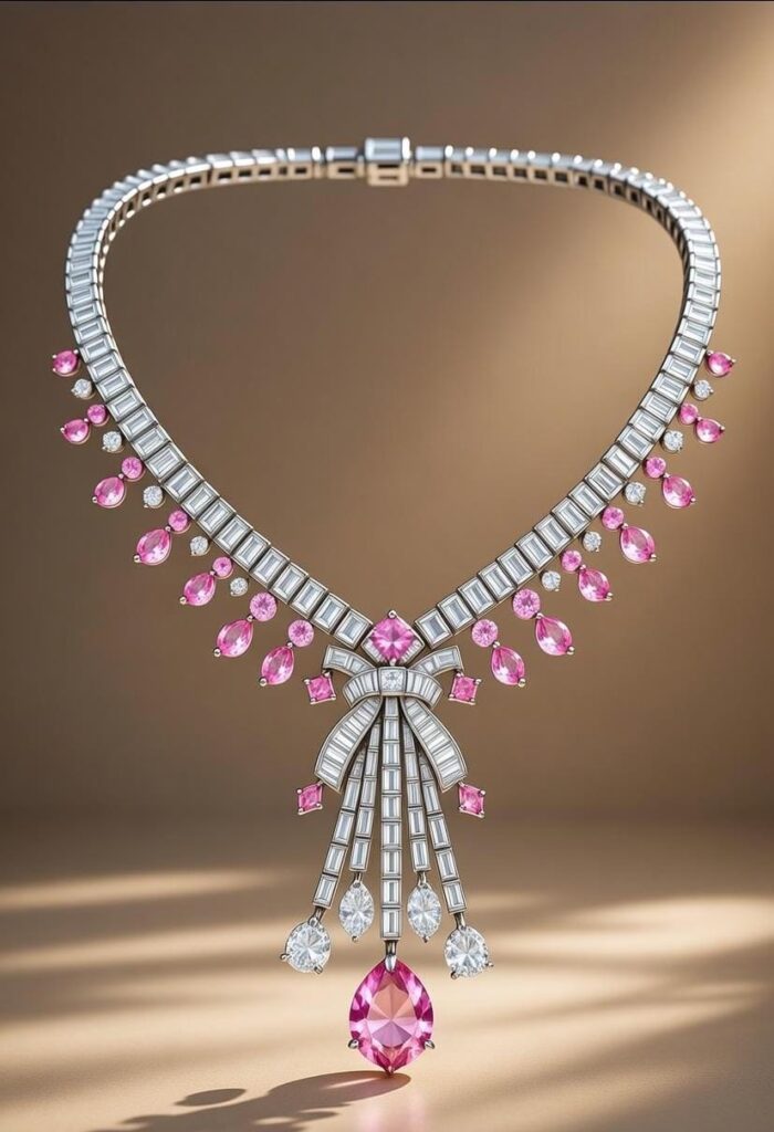 #pink cushion cut diamond loose stone #pear-shaped white diamond for necklace #baguette-cut white diamond layout