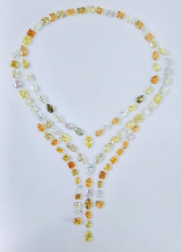 Multi color fancy diamond cascade necklace layout with natural loose diamonds