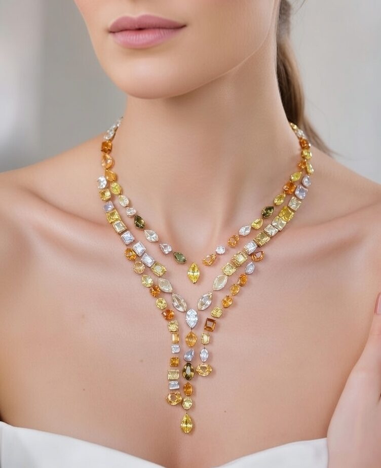 Multi-color fancy diamond cascade necklace layout with natural loose diamonds
