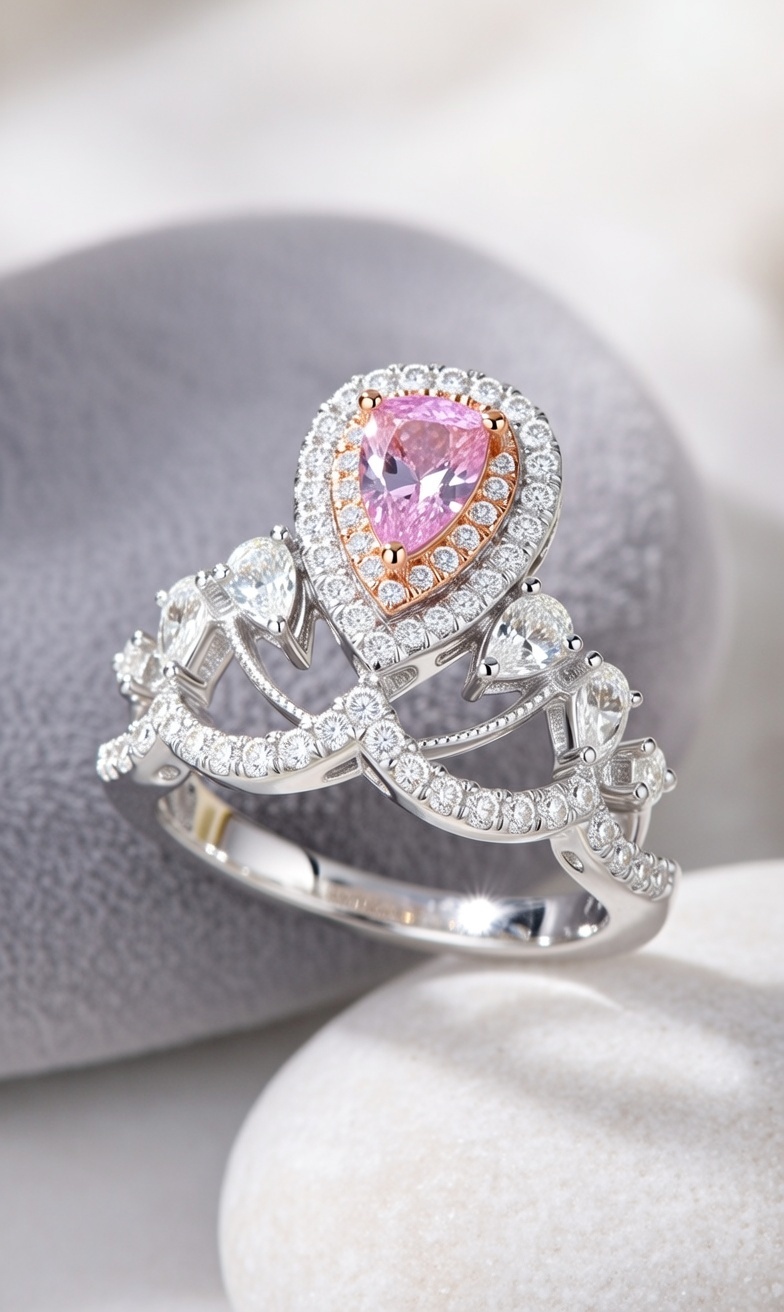 Eternal Blush pear-cut pink diamond ring with halo setting