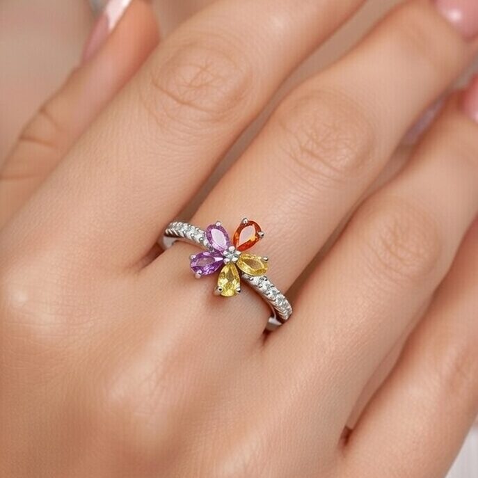 Aurora Bloom multi color pear shaped sapphire flower ring with diamond eternity band