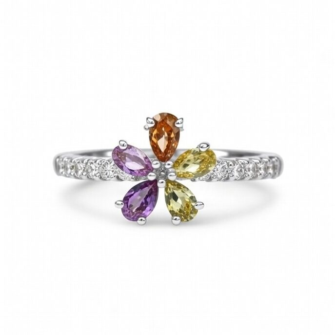 Aurora Bloom™ Multi-Color Sapphire Flower Ring with diamond eternity band